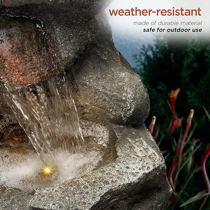 Alpine Corporation WIN1184 40" 3-Tier Outdoor Rock Waterfall Floor Fountain with Color-Changing LED Lights, Cascading Water Feature for Gardens, Patios, and Yards, Gray - Bloomnest