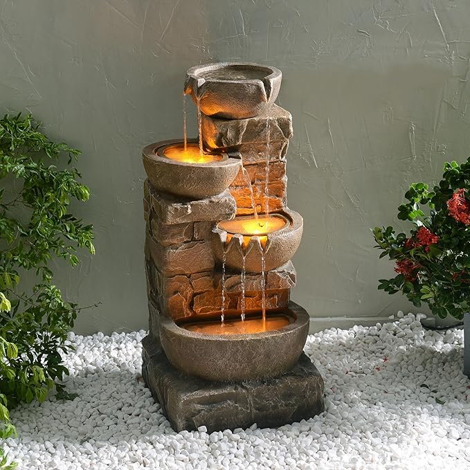Teamson Home 33.27" Outdoor Freestanding Water Fountain with LED Lights, Cascading Bowls & Stacked Stones, Floor Fountain for Patio, Garden, Balcony, Lawn, Yard Decor, Brown Polyresin - Bloomnest