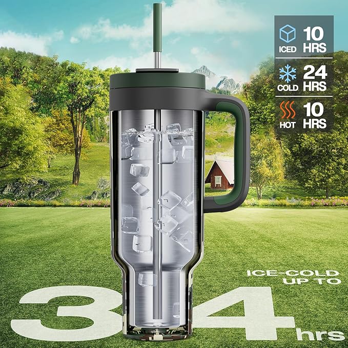 50 oz Camo Tumbler with Handle, 2-in-1 Straw and Sip Lid, Leakproof, Dishwasher Safe, Insulated Stainless Steel Travel Coffee Mug, Keeps Cold for 34 Hours, Fits in Car Cupholder (Woodland Flag) - Bloomnest