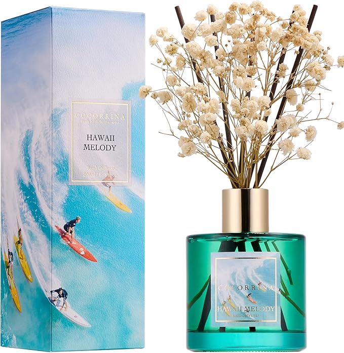 COCORRÍNA Reed Diffuser - Hawaii Melody 6.7 Fl.oz Reed Diffuser Set with 8 Sticks & Preserved Baby's Breath, Reed Diffuser for Home Bathroom Shelf Decor - Bloomnest