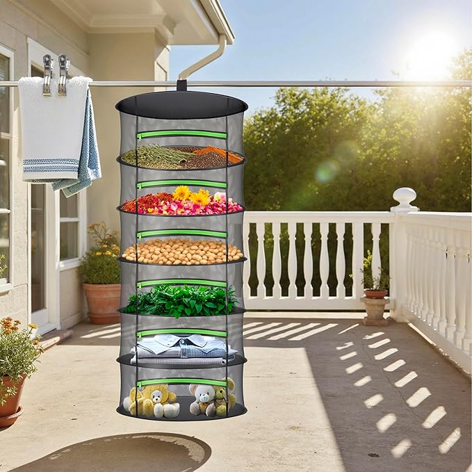 Herb Drying Rack with Mesh Design - Hanging Herb Dryer with Green Zipper for Garden, Home, Indoor or Outdoor Use (6layer) - Bloomnest