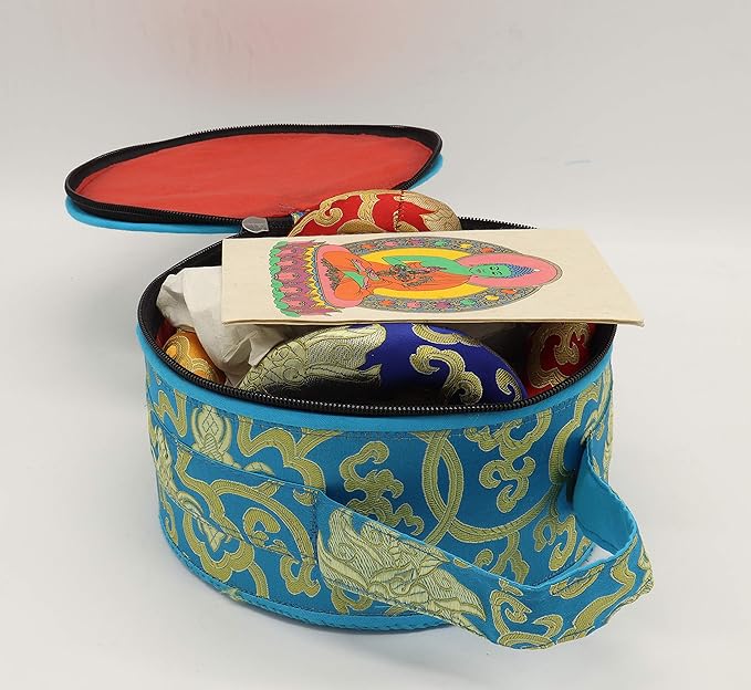 Singing Bowl Set of 7, Thadobati Design Himalayan Sound Bowl, Handcrafted, Hand hammered, Comes w/silk cushions, 3 sticks, Buddhist card, Brocade Box Ideal for Meditation, Yoga, Mindfulness Healing - Bloomnest