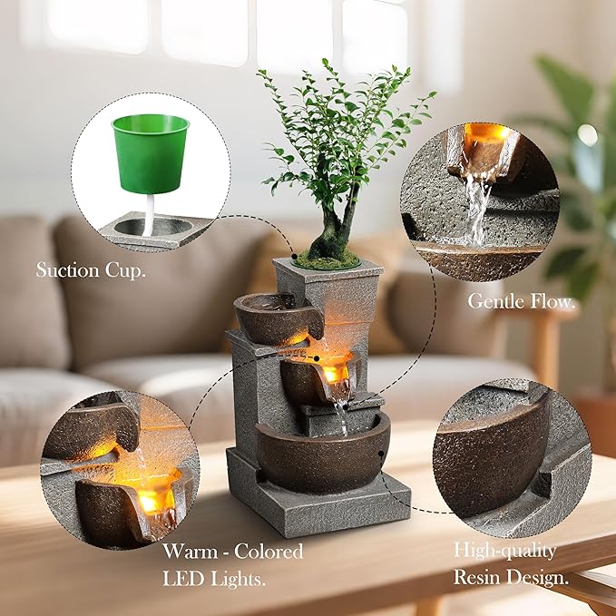 Tabletop Waterfall Fountain, Three Bowls Cascading Indoor Zen Fountain with LED Lights Natural Stones Perfect for Home, Office, Yoga Pump Included（22025N） - Bloomnest