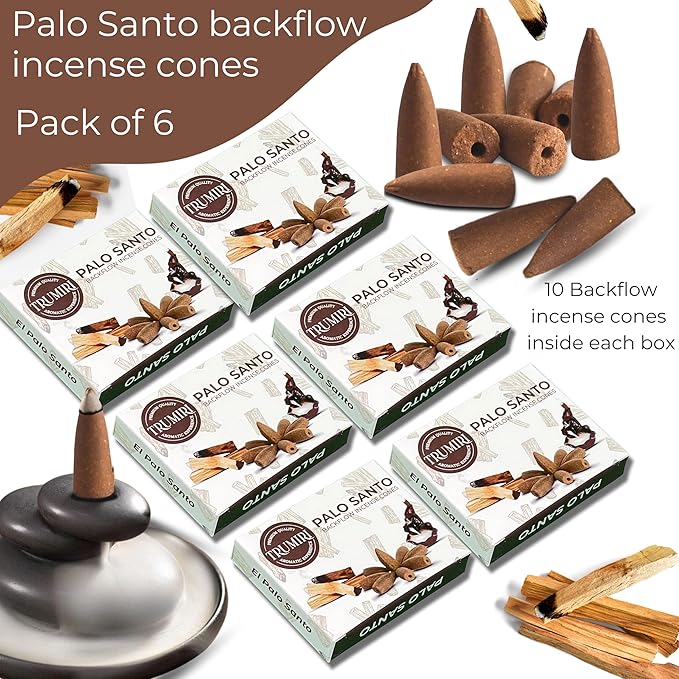 Palo Santo Backflow Incense Cones - 60 Cones, Six Packs of 10, Waterfall Effect TRUMIRI