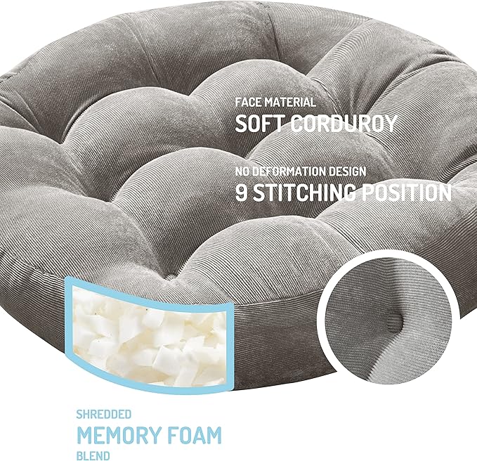 Degrees of Comfort Meditation Floor Pillow, Round Large Pillows Seating for Adults, Tufted Corduroy Cushion for Tatami Living Room, Grey, 22 Inch