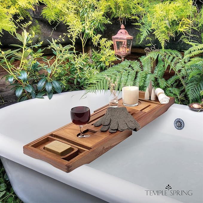 Temple Spring Wooden Bathtub Tray, Acacia Bathroom Accessories, Bath Tray for Tub, at Home Spa Essentials, Board for Tub Table, Bath Caddy for Bathtub Accessories & Bathroom Essentials - Not Teak - Bloomnest