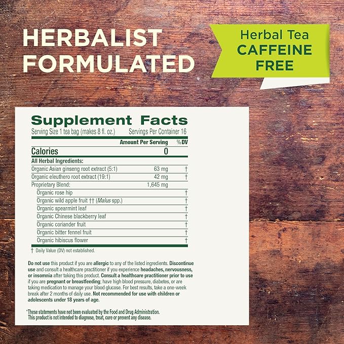 Traditional Medicinals Organic, Stress Ease Focus, Ginseng Wild Apple Mint Tea - Balanced Energy Support & Adaptogens - Kosher, Non-GMO, Caffeine-Free, Compostable - 16 Tea Bags - Bloomnest