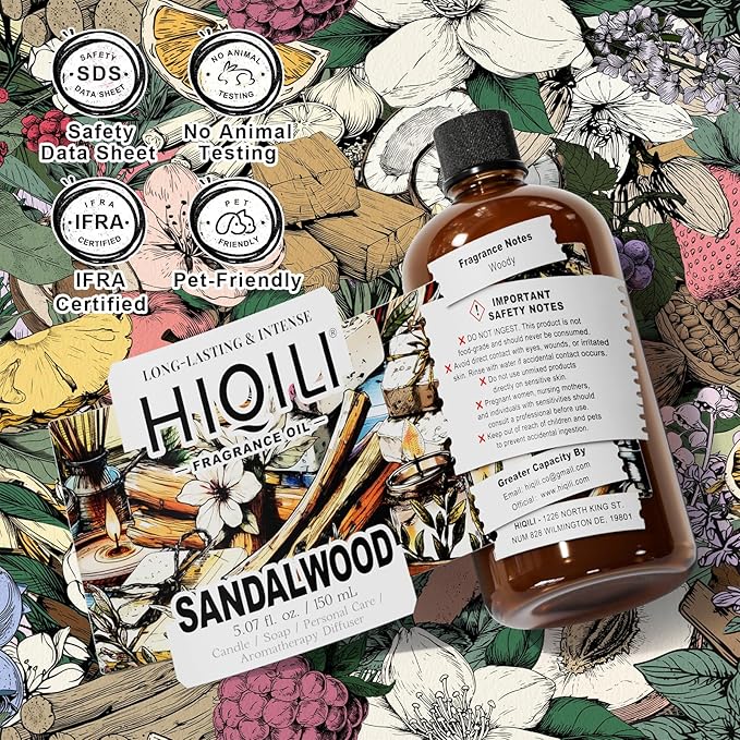 HIQILI Sandalwood Fragrance Oil for Home Diffuser, Luxury Hotel Scent, Perfect for DIY Candle & Soap Making, Add to Body Lotion - 5.07 Fl Oz HIQILI