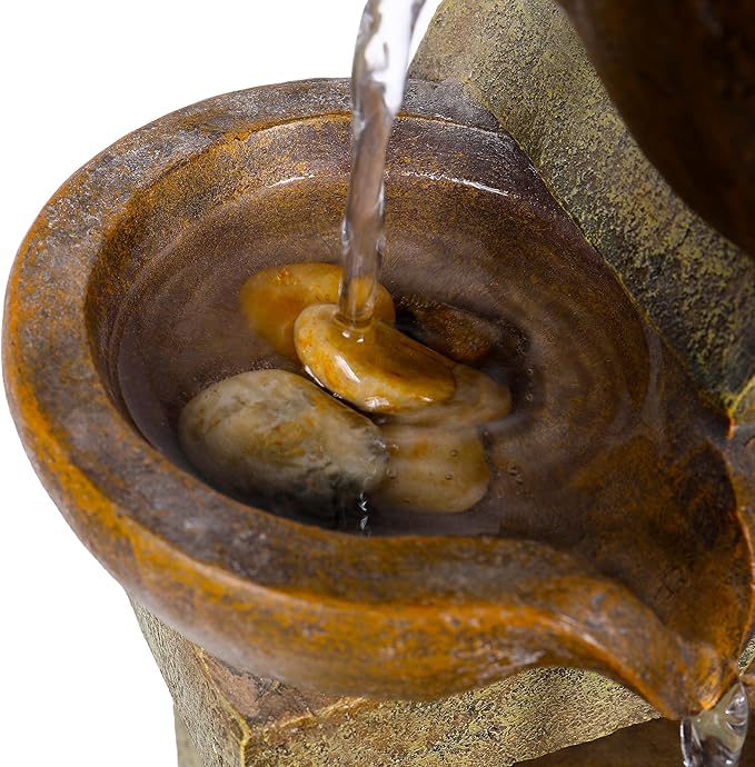 Alpine Corporation WCT726 Indoor/Outdoor Tabletop Tiered Pouring Pots Waterfall Fountain with Natural Stone Look, 16", Brown - Bloomnest