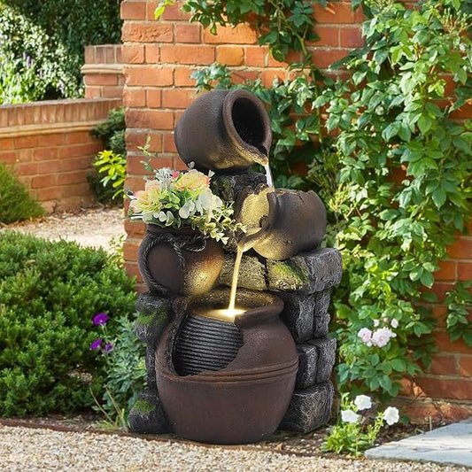 TITIMO Outdoor Water Fountain with Flower Pot and Lights - Cascading Pitchers Farmhouse Fountains and Waterfalls, Garden Fountain Patio Decor, Waterfall Fountains Indoor and Outdoor - Bloomnest