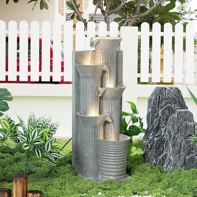 Grepatio Outdoor 5-Tiers Cascading Water Fountain, Garden Waterfalls Fountain with LED Lights, 24" H Modern Indoor Floor Standing Water Fountains with Pump for Patio, Yard, Deck Decor (Light Grey) - Bloomnest