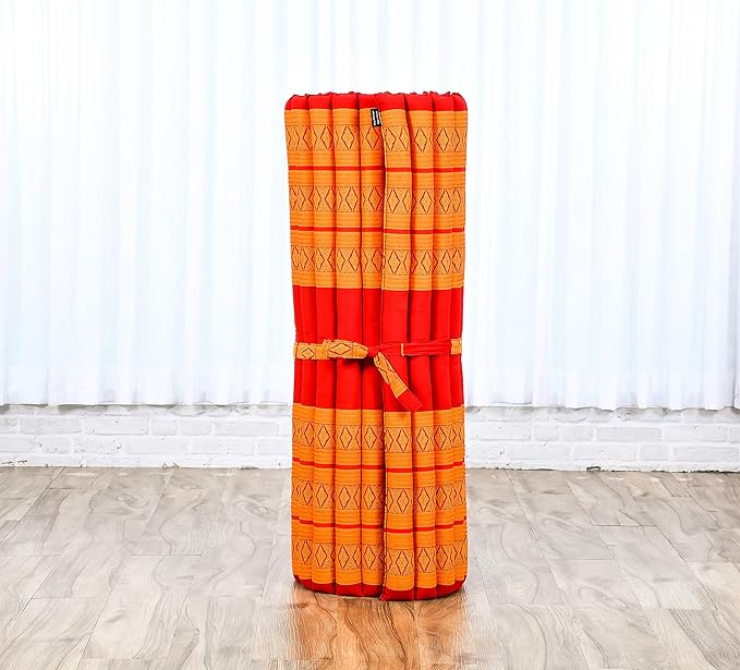 Leewadee - Kapok Roll Mat – Handcrafted Folding Sleep & Relaxation Mattress from Thailand, Ideal as Guest Bed, Camping Mat, Yoga Mat or Traditional Futon, 75 x 39 inches, Orange Red - Bloomnest