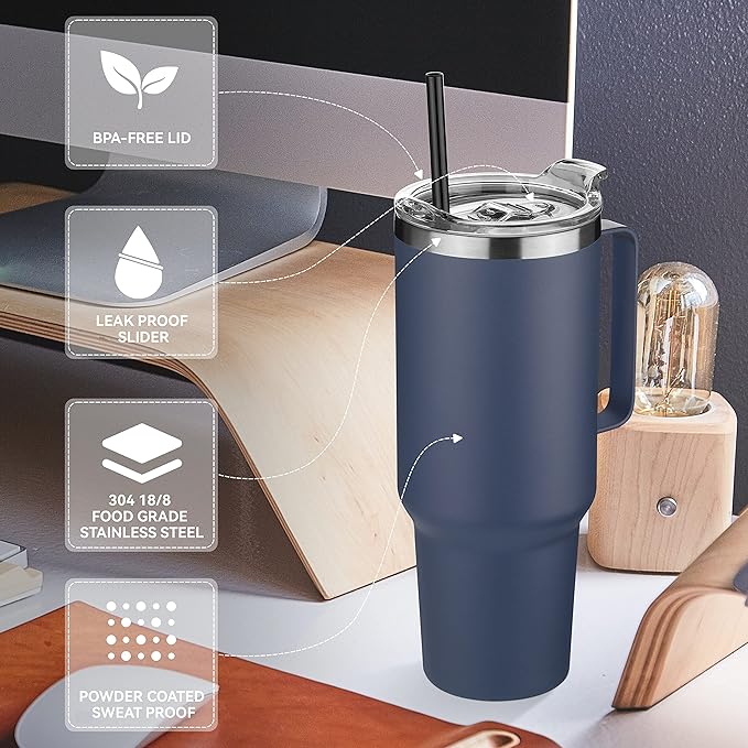 HASLE OUTFITTERS 40 oz Stainless Steel Tumbler with Handle, Vacuum Insulated Tumblers Bulk, Reusable Double Wall Travel Coffee Mug, Durable Powder Coated Water Bottles(Navy, 4) - Bloomnest