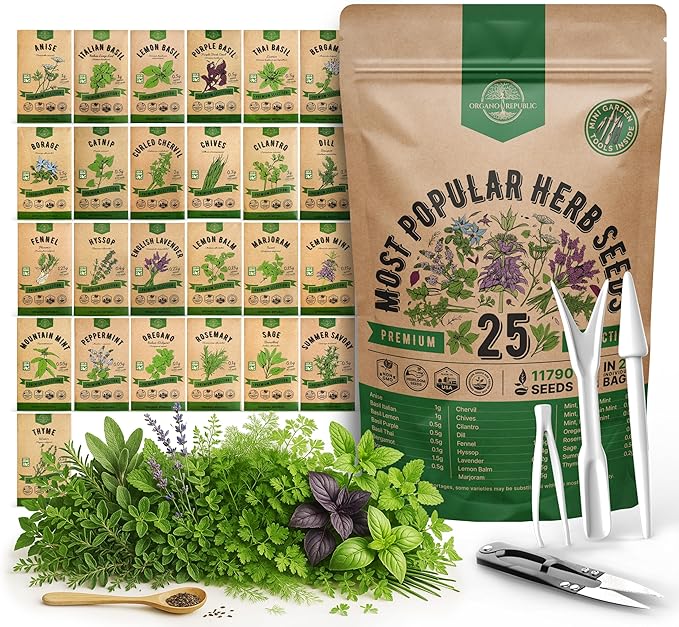 25 Most Popular Herb Seeds Variety Pack - 11,700 Non-GMO Heirloom Seeds for Planting Herbs in Individual Seed Packets for Hydroponic, Indoor & Outdoor Gardening - Bloomnest