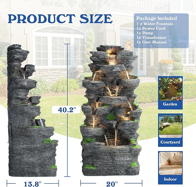 TITIMO 10-Tier Cascading Rock Water Fountain Outdoor Garden Waterfall with Lights,Fountain Indoor Decor for Garden, Patio, Backyard, Deck, Porch and Home Art Decor - Bloomnest