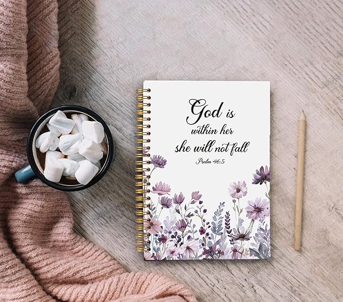 Christian Notebook for Women, Christian Art Gifts Journal, Prayer Journal for Women, Bible Journaling Notebook, PSALM 46:5 God is Within Her She Will Not Fall Floral Spiral Notebook 5.5x8.3 - Bloomnest