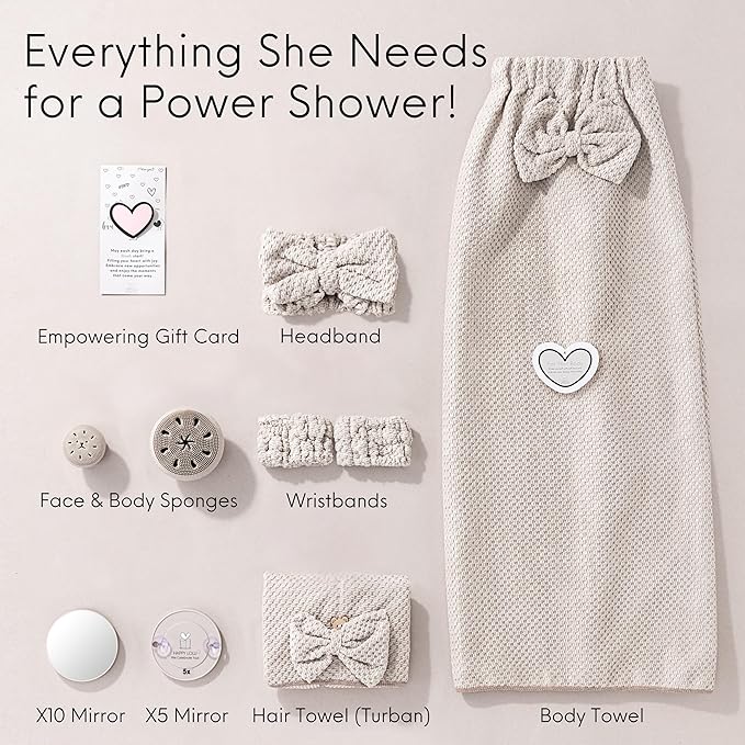 Happy Lolli Power Shower Gift Set – College Essential Bath Accessories for Women and Teen Girls – Includes Body Towel, Hair Towel, Wrist Bands, Headband, Face Sponge and More (Fresh in Beige)