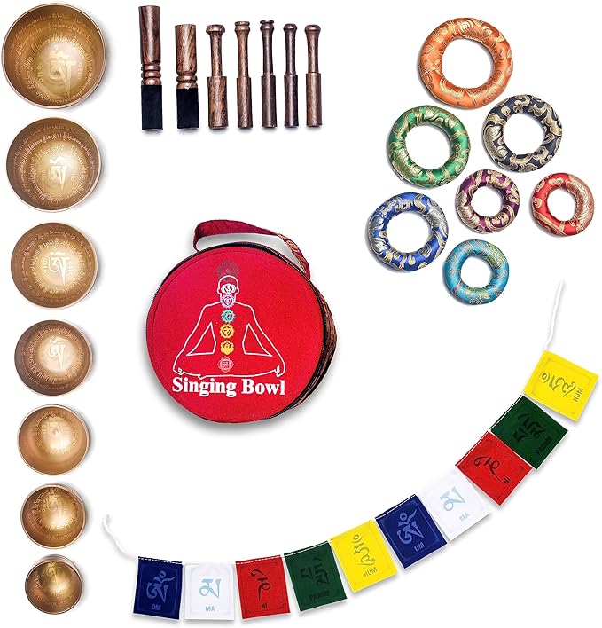 Khusi Tibetan singing bowls chakra sets, hand carved buddha mantra and symbol, sets of seven divine sound bowl. Khusi+Inc
