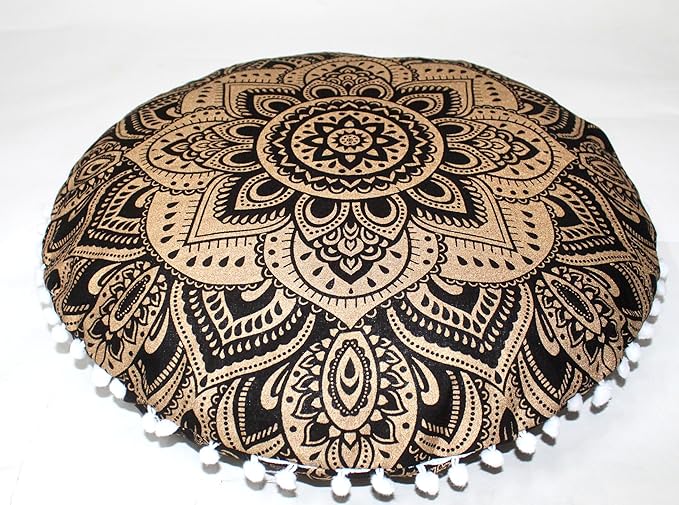 CRAFT KALA Large Round Bohemian Floor Pillow Pouf Cover Mandala Meditation Room Pillow Cover for Adults Boho Seating Poufs Cushion Cover for Kids Playroom Metallic Gold Flower 32" - Bloomnest