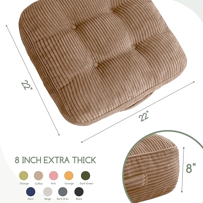 8" Washable Floor Pillow Cushion for Adults, Meditation Cushion Pillow, Large Square Floor Sitting, Removable Tufted Corduroy Cover, for Tatami Living Room or Yoga, 22x22 Inch, 2Pack, Machine Washable - Bloomnest