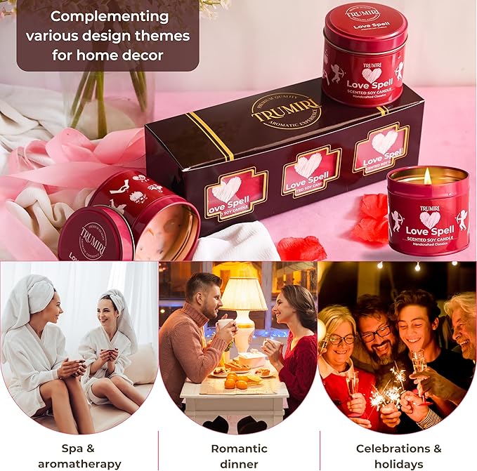 Love Spell - Scented Candles for Women & Men with Rose Petals and Crystals - Pack of 3 x 5oz Soy Clean Organic Non Toxic - Velas Aromáticas - Aromatherapy Spa Valentines Gift Candel TRUMIRI