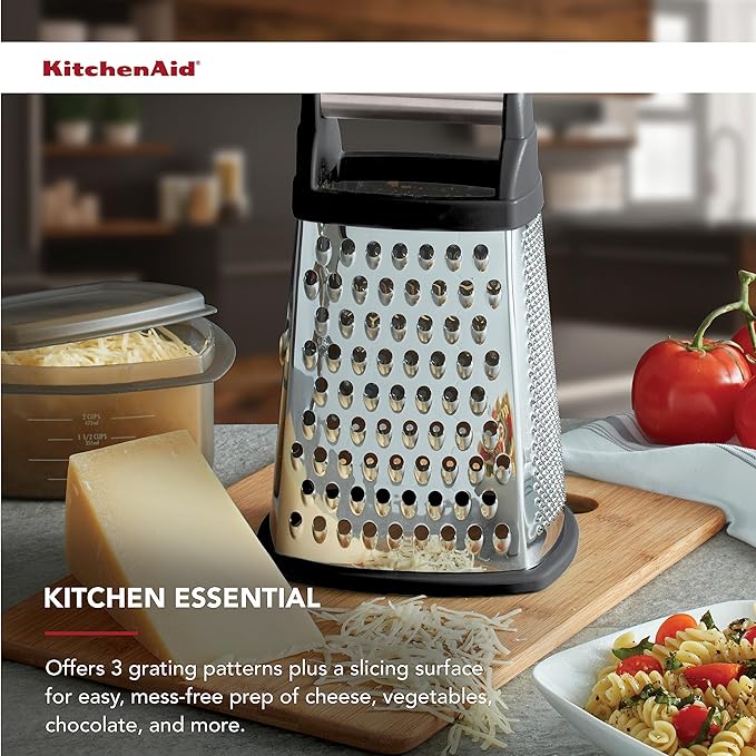 KitchenAid Gourmet 4-Sided Stainless Steel Box Grater for Fine, Medium and Coarse Grate, and Slicing, Detachable 3 Cup Storage Container and Measurment Markings, Dishwasher Safe, 10 inches tall, Black - Bloomnest