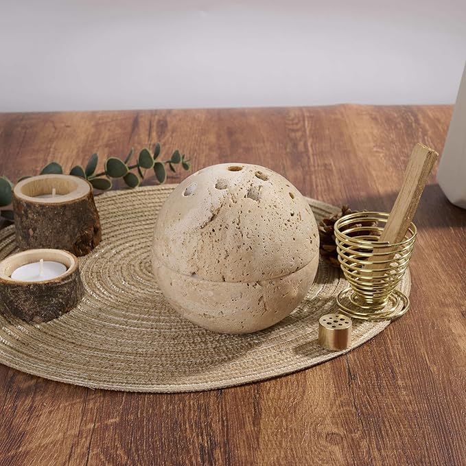 Handmade Travertine Stone Incense Resin Burner Holder – Natural Stone Incense Burner with Brass Insert for Home Decor & Relaxation - Bloomnest