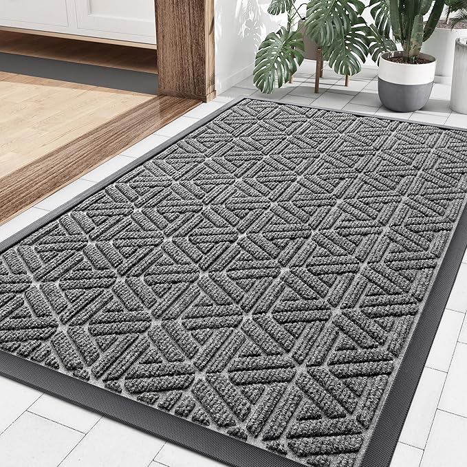 Smiry Front Door Mat Outside Entrance, Heavy Duty Sturdy Natural Rubber Doormat, Trap Dirt and Moisture, Easy Clean Low Profile Mats for Indoor Outdoor Entry, Grid Geometric (36x24, Silver Grey) - Bloomnest