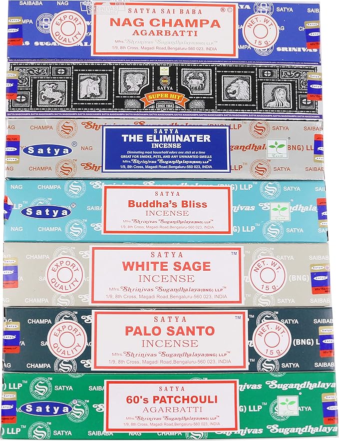 Satya Incense Sticks Gift Set, 7 Scents, Nag Champa, Super Hit, Dragon's Blood, Sandalwood, Patchouli, Lavender, Positive Vibes, 15g Each (Smudge) SoulSticks