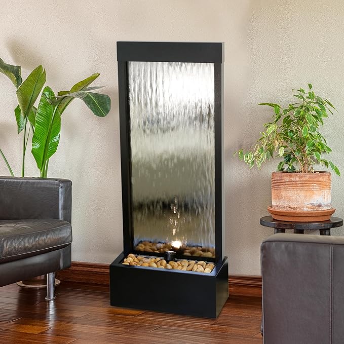 Alpine Corporation - Mirror Waterfall Fountain with Stones & Lights - Zen Indoor/Outdoor Decor for Office, Living Room, Patio, Entryway - 48 Inches (Silver) - Bloomnest