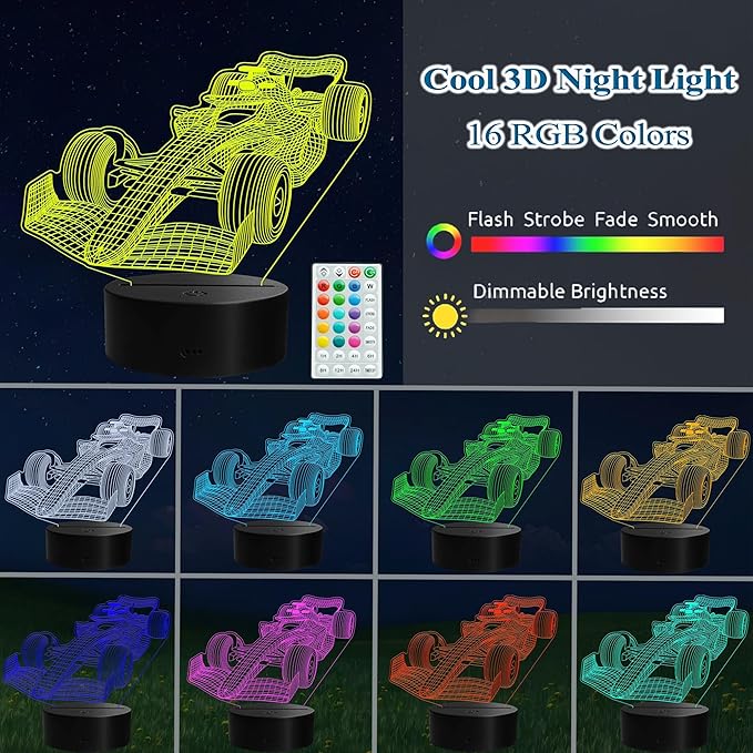 F1 Car Night Light, Formula One Gifts, 3D Illusion Lamp with Remote Control, 16 RGB Colors, 4 Flashing Modes, Timer, Dimmable, Men Boy Racing Car Gifts Room Decoration for Holiday Birthday Christmas - Bloomnest