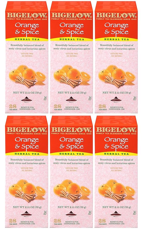 Bigelow Orange & Spice Herbal Tea 28-Count Boxes (Pack of 6) Caffeine-Free Soothing Herbal Tea Sweetly Citrus-y Tea with an Herbal Twist in Foil-Wrapped Bags - Bloomnest