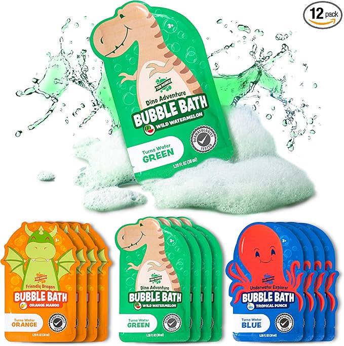 Tub Works® Magical Kids Bubble Bath, Variety 12 Pack | Creates Colorful Water & Tons of Bath Bubbles | Nontoxic | Character-Themed Bubble Bath for Kids | Green, Blue & Orange Bath Colors - Bloomnest