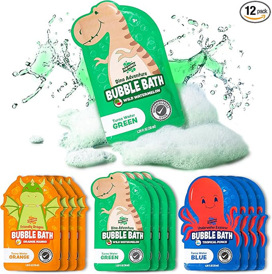Tub Works® Magical Kids Bubble Bath, Variety 12 Pack | Creates Colorful Water & Tons of Bath Bubbles | Nontoxic | Character-Themed Bubble Bath for Kids | Green, Blue & Orange Bath Colors - Bloomnest