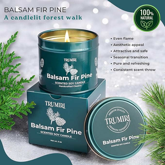 Balsam Fir Pine - Soy Candles for Home Scented - 5oz Natural Clean Non Toxic - for Fall Winter Christmas Holidays - Long Lasting Highly Scented Pet Safe Luxury Tin - Velas Aromáticas para el Hogar TRUMIRI