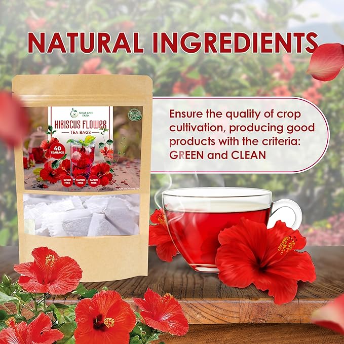 Premium Hibiscus Tea Bags - Dried Hibiscus Flower Tea Bags - 40 Teabags, 2.5g/bag), 100% Natural & Pure Hibiscus Flowers, Sugar/Caffeine/Gluten Free. Good For Your Health - Bloomnest