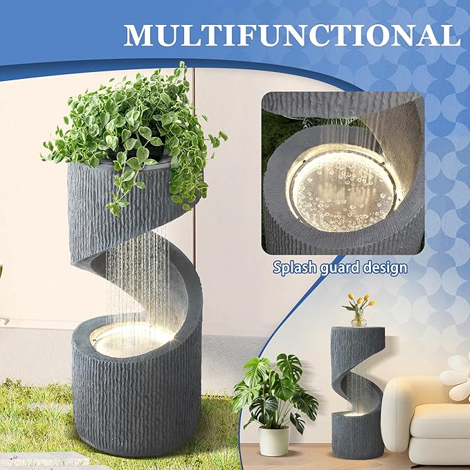 31.9" Outdoor Garden Water Fountain, S-Shaped Cascading Fountains and Waterfalls with LED Lights & Splash-Proof Net, Indoor/Outdoor Floor Standing Water Feature for Patio, Backyard, Home Decor - Bloomnest