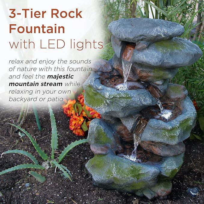 Alpine Corporation | 22"H Outdoor 3-Tier Rock Waterfall Fountain with LED Lights — Natural Stone Look for Garden, Patio, Yard & Porch Décor (Gray) - Bloomnest
