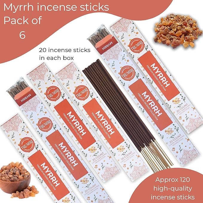 Myrrh Incense Sticks - Incienso de Mirra - Total 120 Insence-Sticks - 6 Packs of 20 Insense - Inciensos - Inscents - Natural Non Toxic Ingredients - Incents - Incence - Inscense TRUMIRI