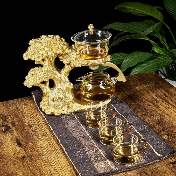 Glass Teapot Set with Infuser Semi Automatic Tea Set Magic Teapot (Tree - golden) - Bloomnest