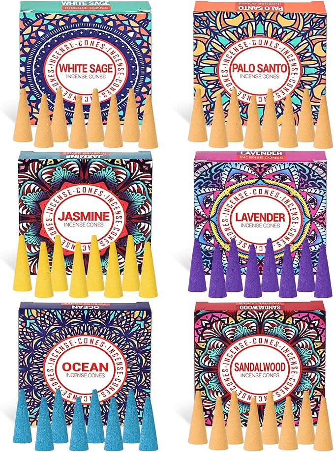 Incense Cones Set - Lavender, Jasmine, Sandalwood, Palo Santo, Rose, White Sage for Meditation & Yoga Pavocristatus