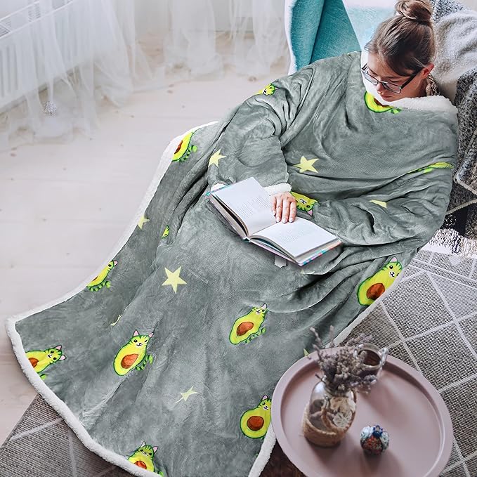 Tirrinia Sherpa Wearable Blanket With Sleeves, Full Body Throw Reading Wrap TV Blankets - Bloomnest