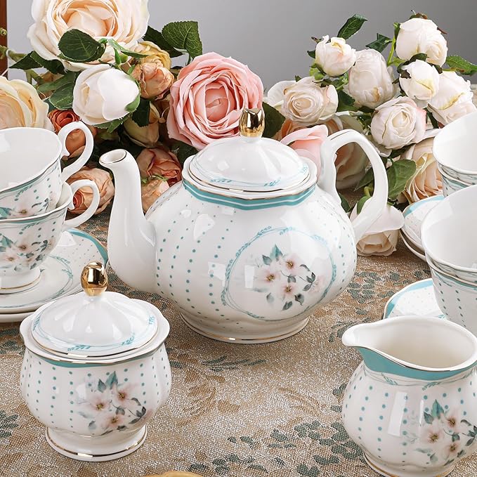 fanquare 21 Pieces Royal Style Porcelain Tea Set with Gold Trim, Vintage White Camellia Polka Dots Tea Sets, 6 Teacup and Saucers for Party Home Wedding - Bloomnest