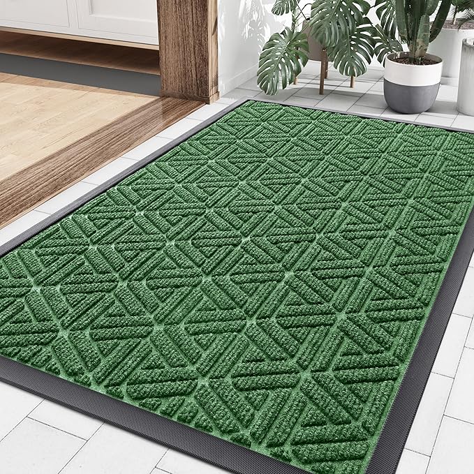 Smiry Front Door Mat Outside Entrance, Heavy Duty Sturdy Natural Rubber Doormat, Trap Dirt and Moisture, Easy Clean Low Profile Mats for Indoor Outdoor Entry, Grid Geometric (36x24, Green) - Bloomnest