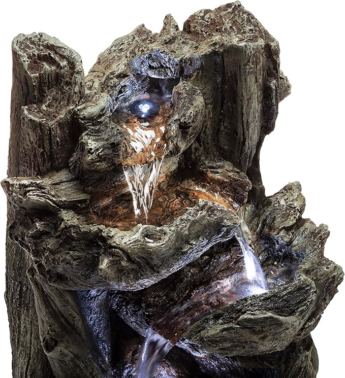 Alpine Corporation | 14"H Indoor Tiered Log Tabletop Fountain with LED Lights — Cascading Waterfall Design Creates Relaxing Ambiance for Home & Office Décor - Bloomnest