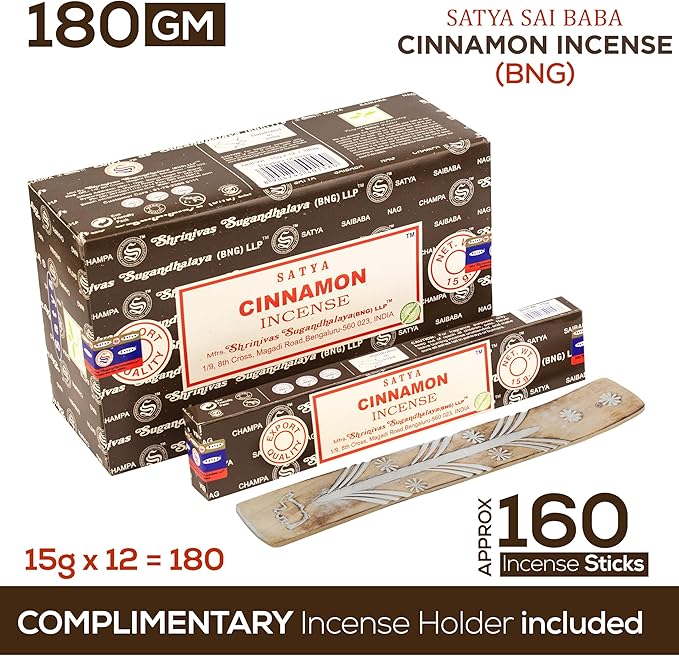 Satya Cinnamon Incense Sticks, Satya Bng (Bangalore) Insenses 15gmx12 Pack with Raajsee Incense Holder Bundle, Satya Nagchampa Natural Incense - Bloomnest