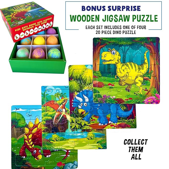 Bath Bombs for Kids with Surprise Toys Inside Plus Dinosaur Puzzle - 9 Organic Dino Egg Bath Bombs, Gentle and Kids Safe, Fizzy Balls with Rich Bubbles, Stocking Stuffers Christmas Gifts for Kids - Bloomnest