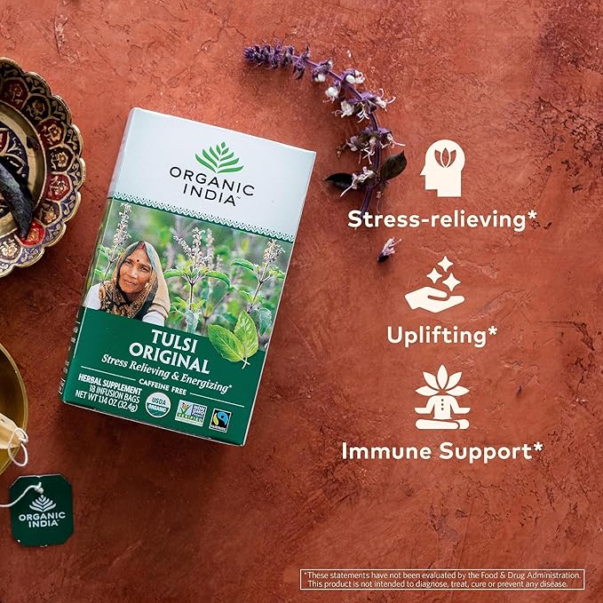 ORGANIC INDIA Tulsi Original Herbal Tea - Holy Basil and African Basil Calming and Stress Relief Tea, Immune Support, USDA Certified Organic, Non-GMO, Caffeine-Free - 18 Infusion Bags, 3 Pack - Bloomnest