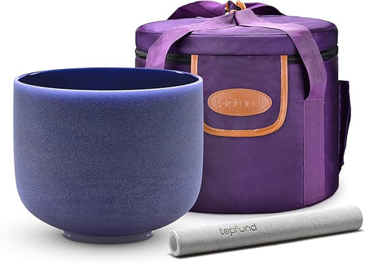 TOPFUND 440 hz Indigo A Note Crystal Singing Bowl Third Eye Chakra 8 inch with Heavy Duty Carrying Case and Suede Mallet