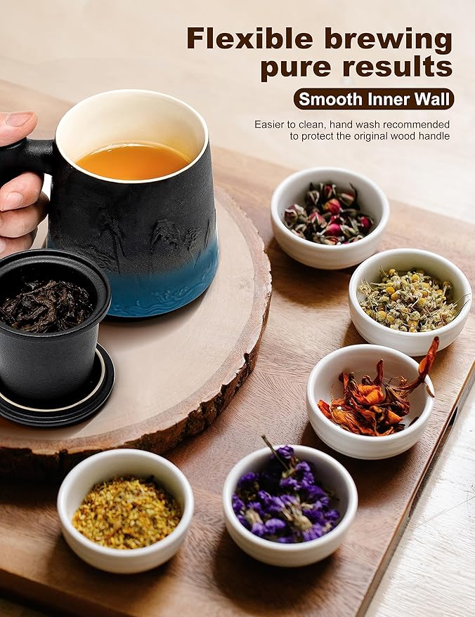 suyika Ceramic Tea Cup with Infuser and Lid, Gradient Embossed Large Tea Mug Wooden Handle for Steeping Loose Leaf, Tea Lover Gifts 15.2 oz / 450 ml,Black & Cyan